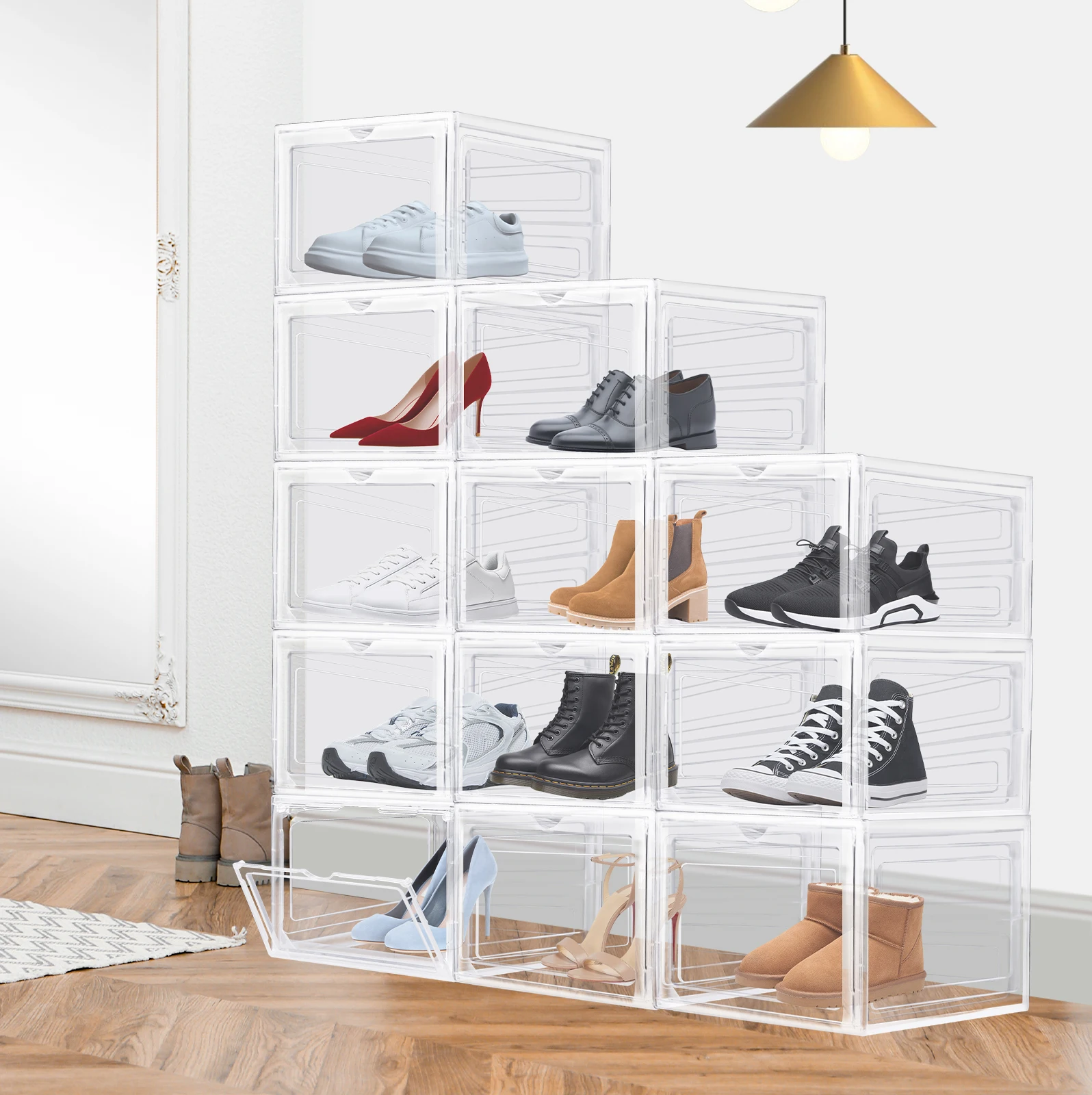Scatole trasparenti impilabili per scarpe, confezioni da 6/9/12 pezzi, organizer magnetico in plastica trasparente per riporre le scarpe – protegge dalla polvere e consente di risparmiare spazio in