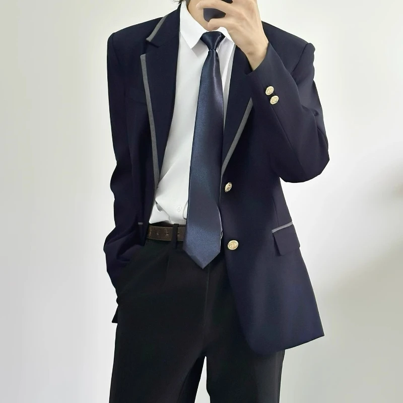 Navy Blue Preppy Blazer Set Men Women Spring Autumn Academic Suit Varsity Graduation Class Uniform Custom Outerwear