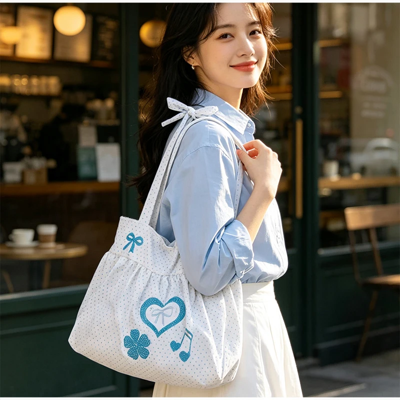 Koreanische Polka Dot Umhängetasche Damen Nylon Einkaufstasche Niedliche Schleife Love Note Bedruckte Einkaufstasche Rock Design Magnetschnalle Achseltasche – Detail 25