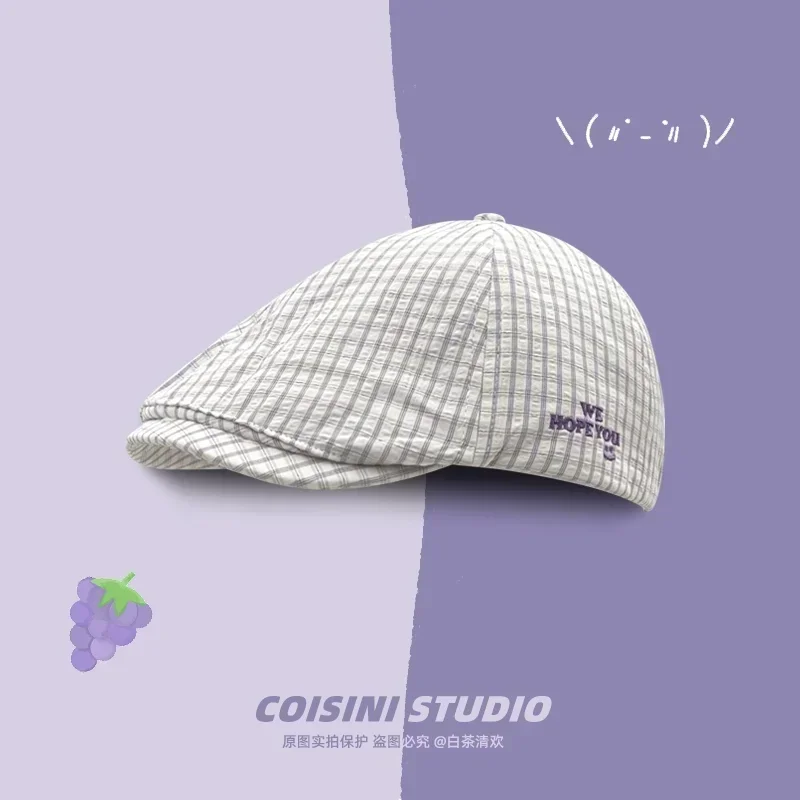 Mori Fresh Green Plaid Berets Cap for Women Spring and Summer Thin Casual Versatile Literary Letter Embroidery Painter Hats