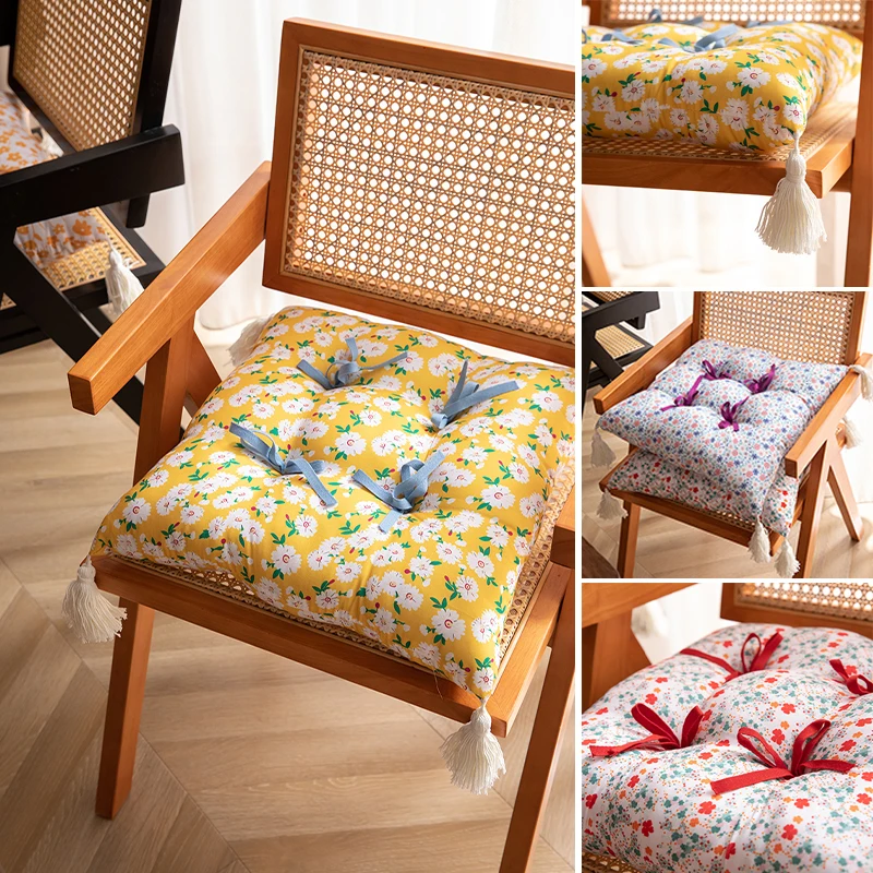 New Bohemian Style Square Chair Cushion 40x40cm Floral Print Thick Padded Seat Pad with Bow Design for Home Office Dining Room