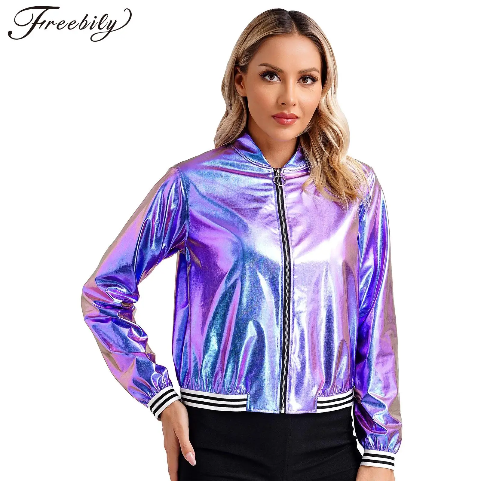 

Women Metallic Shiny Jacket Fashion Streetwear Long Sleeve Front Zipper Outerwear for Nightclub Disco Rave Baseball Jackets Coat