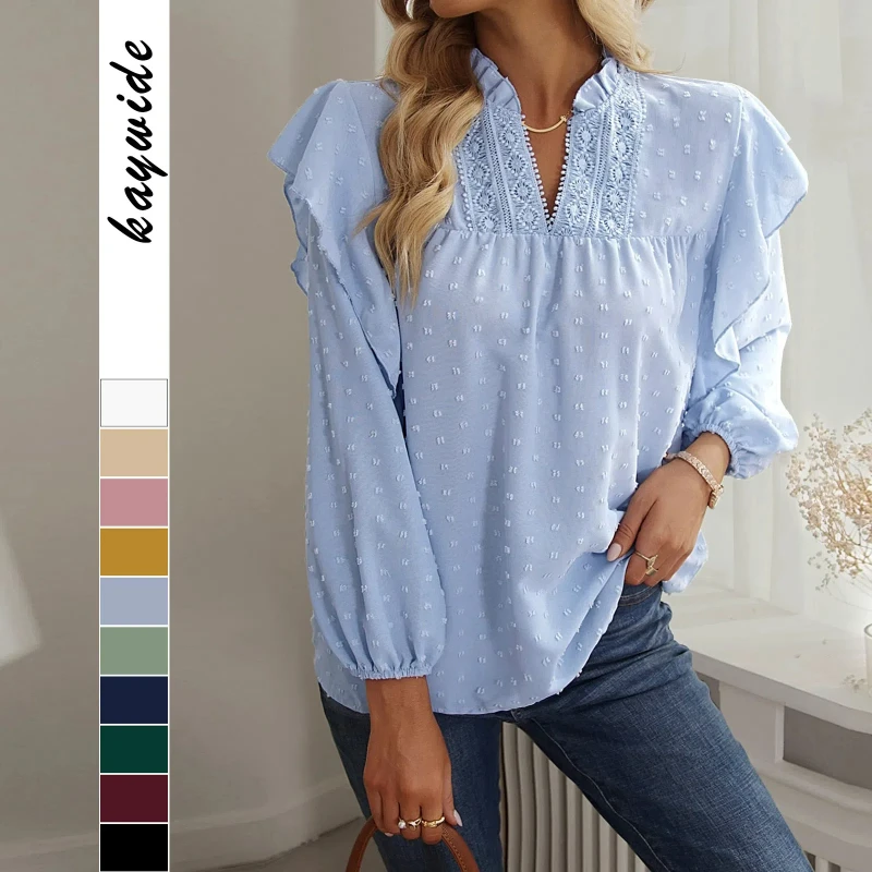 Koronkowy patchworkowy top z marszczonymi rękawami balonowymi