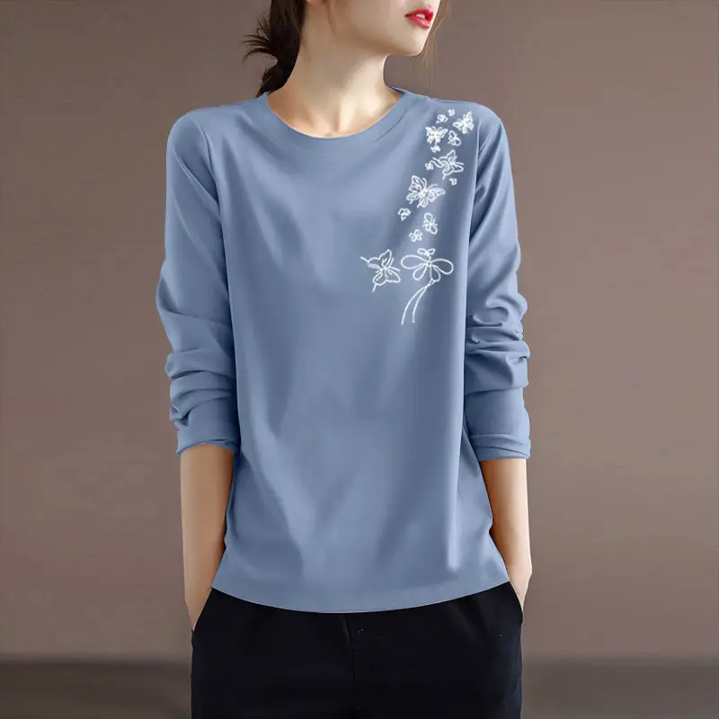 Spring and Autumn Women\'s Pullover Round Neck Plant&Flowers Printed Butterfly Contrast Long Sleeve T-shirt Underlay Elegant Tops