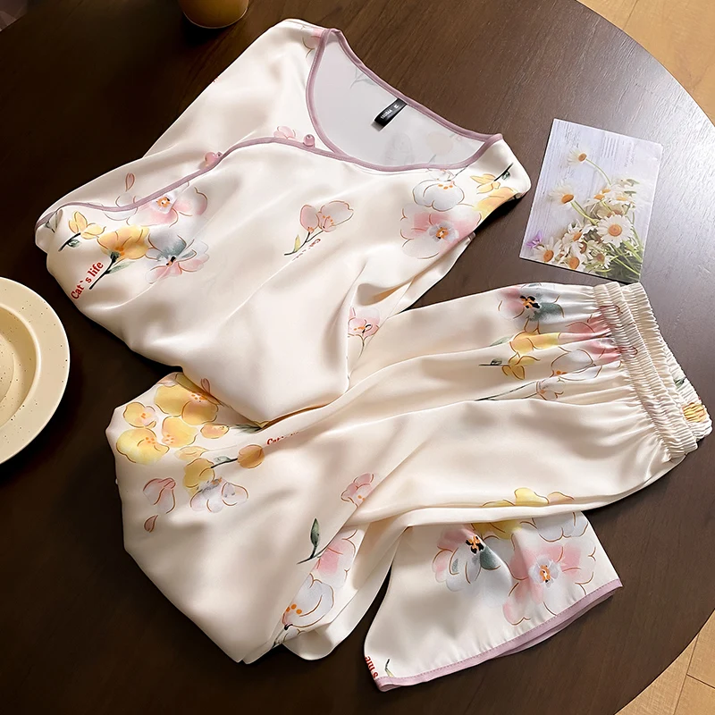 Women's New Chinese Silk Pajamas, Spring and Autumn Styles, Medium Sleeves Loungewear Suits for Outdoor Summer Wear XL Size