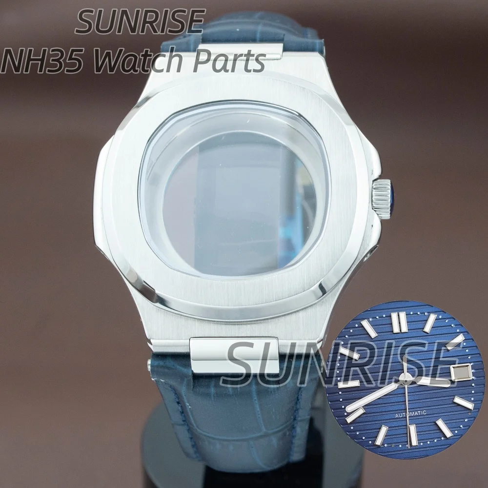 

Корпус для часов 41 мм, серебристый, с синим кожаным ремешком, подходит для модификации Nautilus, механизм NH35, NH38, NH36, сапфировое стекло, запчасти для корпуса.