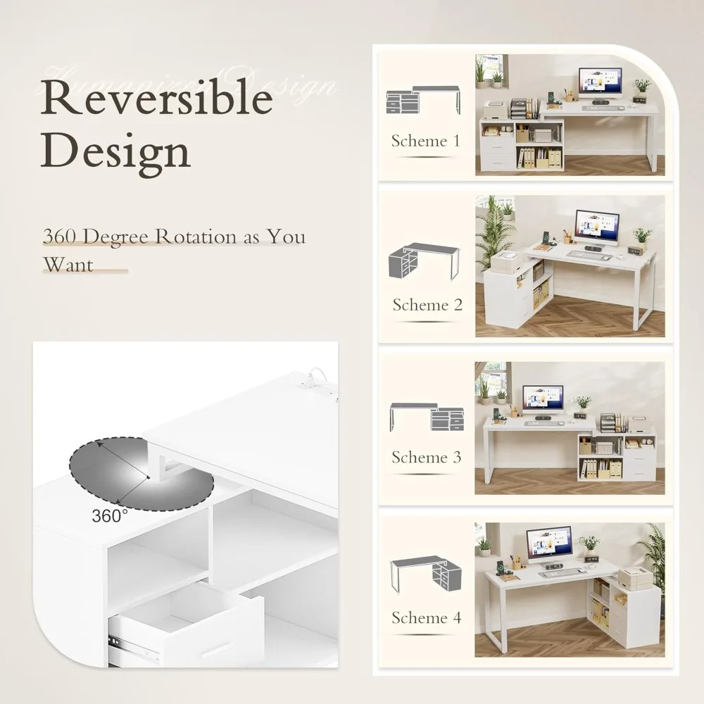 L Shaped Desk with Drawers & Shelves, 55'' Corner Computer Desk, Power Outlets, Reversible PC Table, Storage File Cabinet