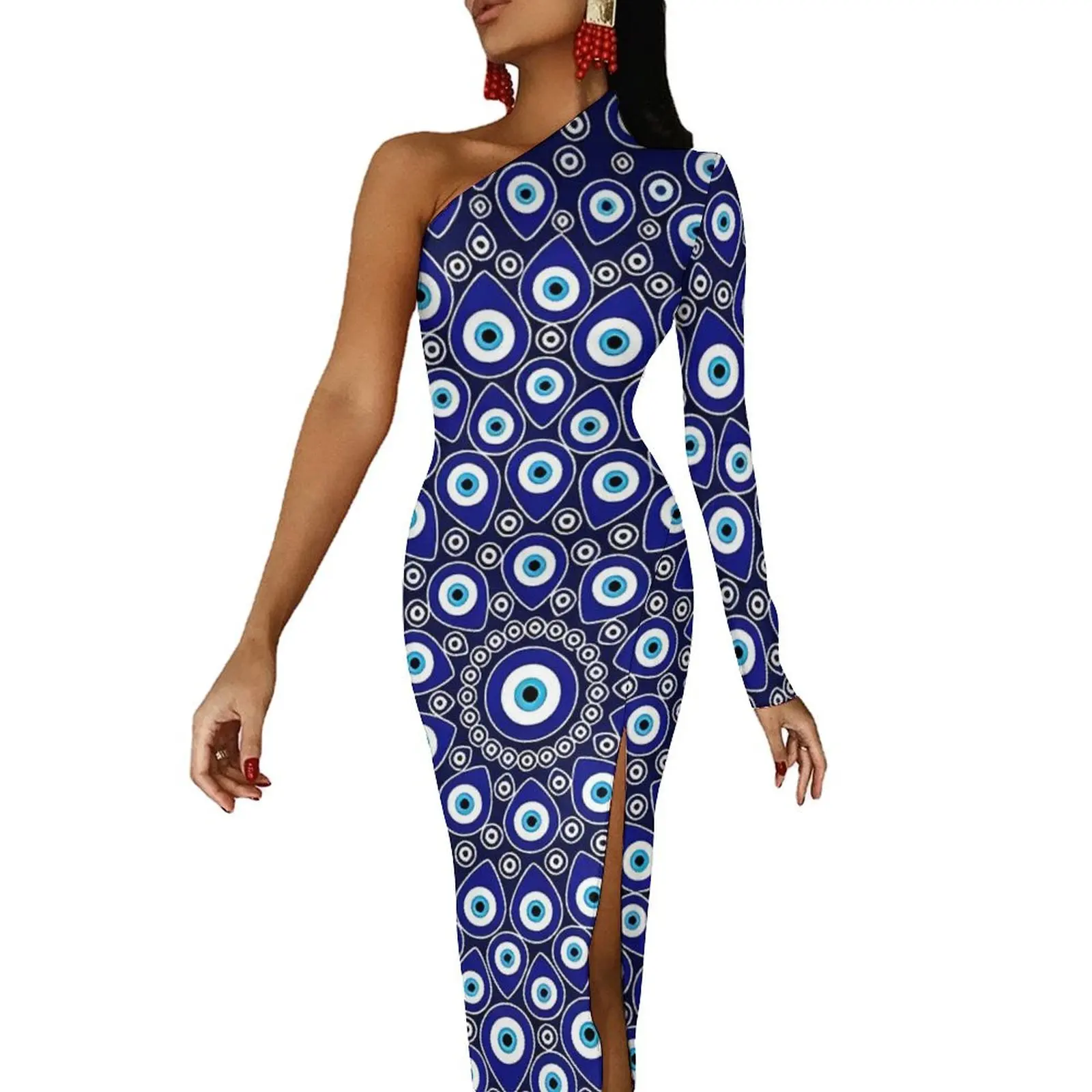 Evil Eye Print Long Dress Ladies Nazar Eye Circular Streetwear Maxi Dress Autumn Trendy Bodycon Dresses High Slit Design Clothes