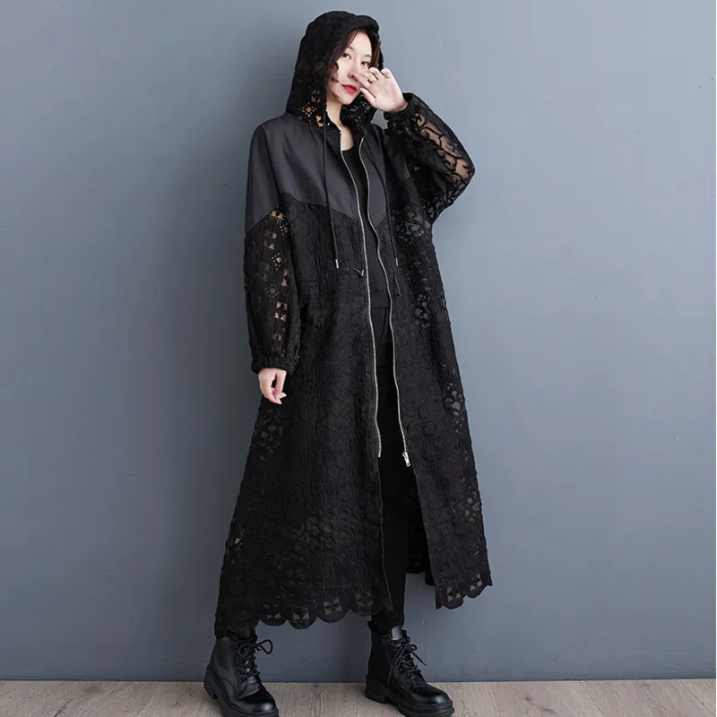 #6898 Black Hooded Trench Coat Women Zipper Loose Split Joint Hollow Out Long Coat Ladies Vintage Outerwear Windbreaker Female 