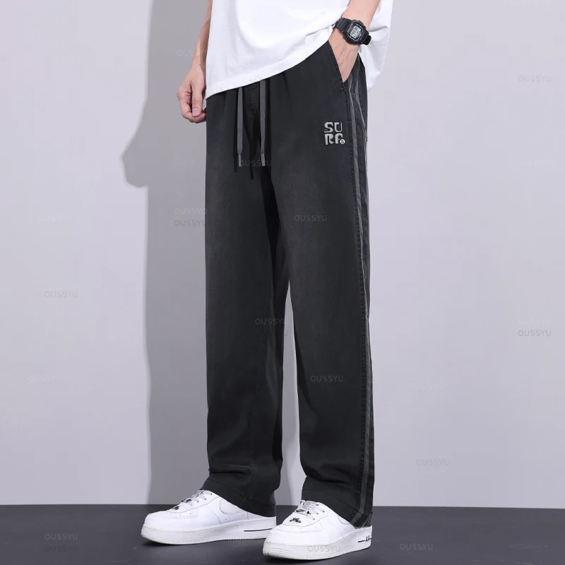 Summer Thin High Quality Soft Lyocell Fabric Jeans Men Loose Wide Leg Pants Elastic Waist Casual Trousers Male Plus Size M-5XL