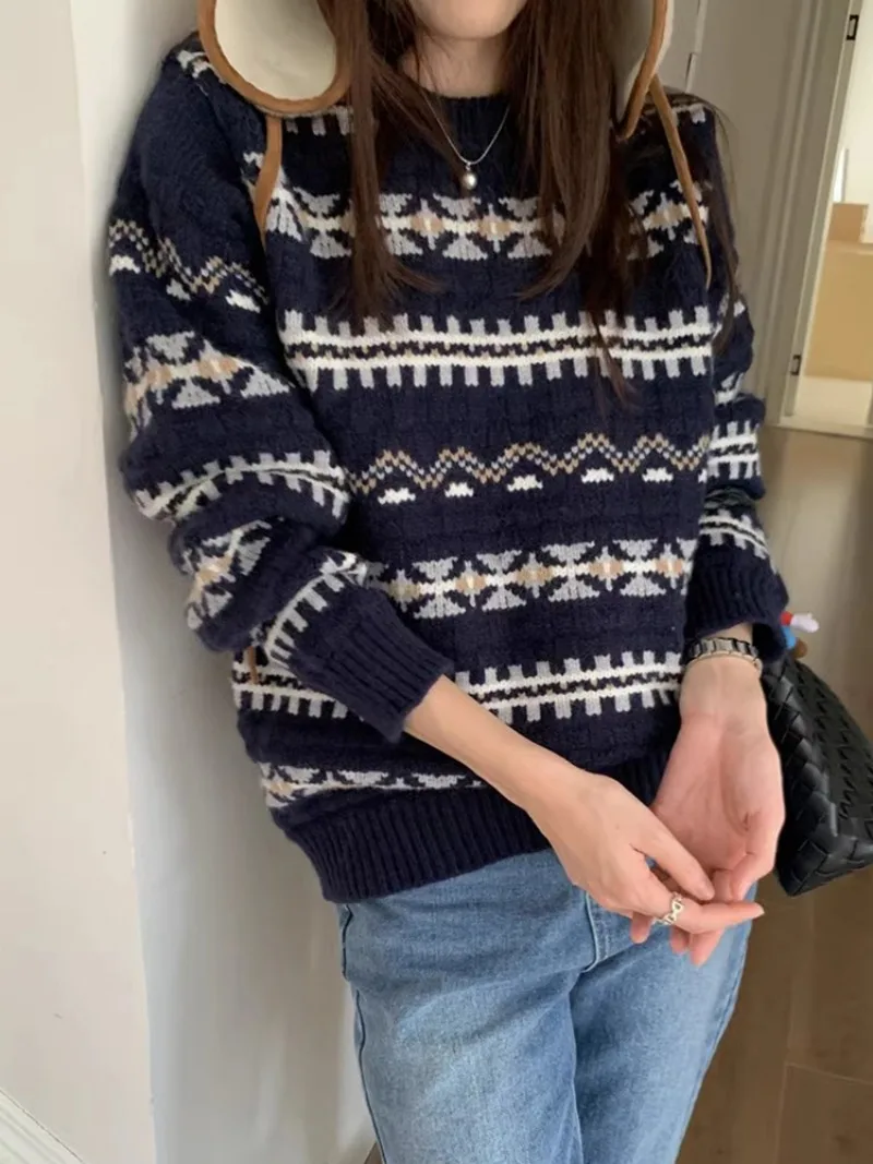 Contrast Jacquard 2024 Woman Sweater Retro Round Neck Outerwears Long Sleeve Knit Ropa Mujer Autumn Winter Pullovers Sueter