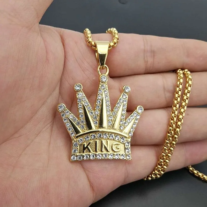 King Crown Pendant Necklace Men's Fashion Titanium Steel Necklace Gold Plated Rhinestones Hip Hop Jewelry Gift