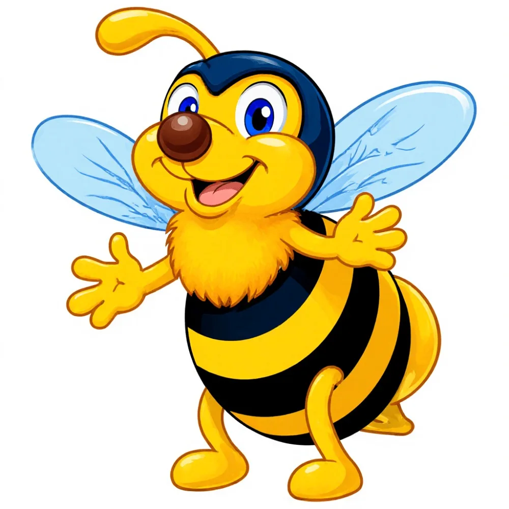 

Car Vinyl Decal Cheerful Cartoon Bee Black Yellow Striped Body Blue Head Large Eyes Brown Nose Light Wings Friendly Smile
