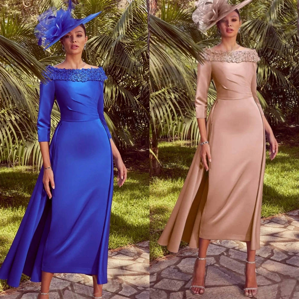 Vestido de noche de satén morado delicado personalizado, vestido de fiesta moderno con hombros descubiertos y mangas 3/4, vestidos clásicos de celebridades