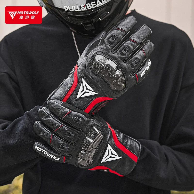 

Motowolf Motorcycle Gloves for Men Black with Red Accents Leather Material Carbon Fiber Protectors Anti - Slip Design for Riding