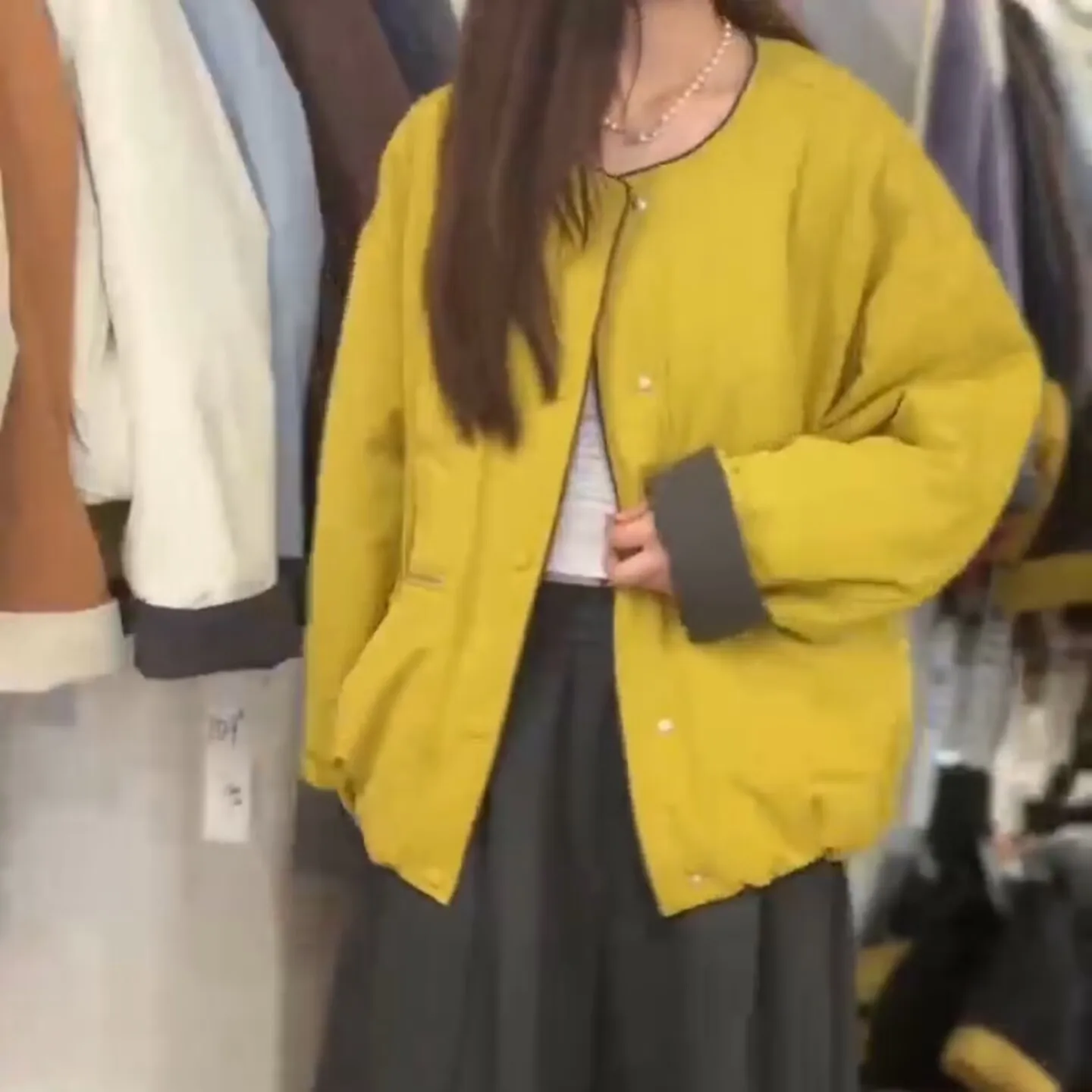 

Loose Fit round Neck Cotton Jacket Women's Casual Contrast Color Coat Cotton Stylish Commute Style Thickened Long Sleeve Coat