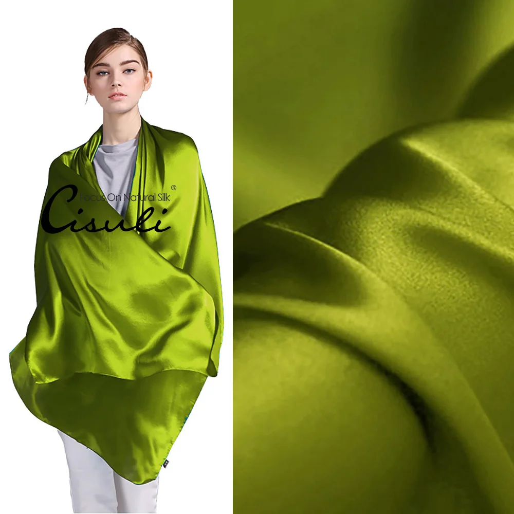 

CISULI 100% Mulberry Silk Satin Scarf Pure Silk Women Long Shawl 55X180cm Solid Color Yellow Green 46