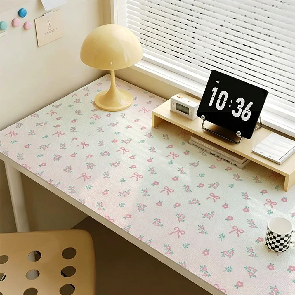 Leather Desk Pad Protector Pink Grid Floral Gradien Y2K Colorful Rose Bow Mouse Pad Office Desk Mat PU Desk Blotter Pad