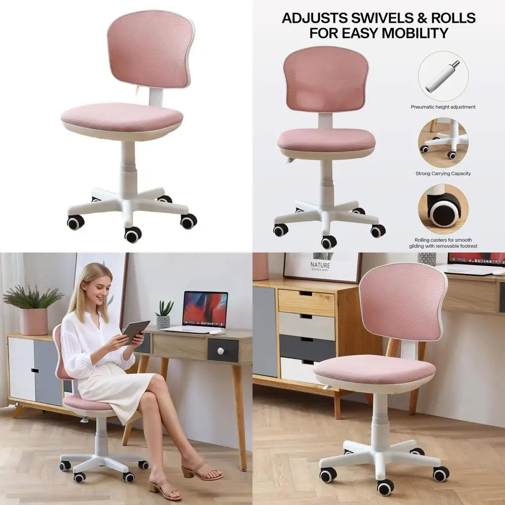 

Ergonomic Swivel Chair with Lumbar Support for Home Office, Bedroom, or Study in Pink for Small Spaces
