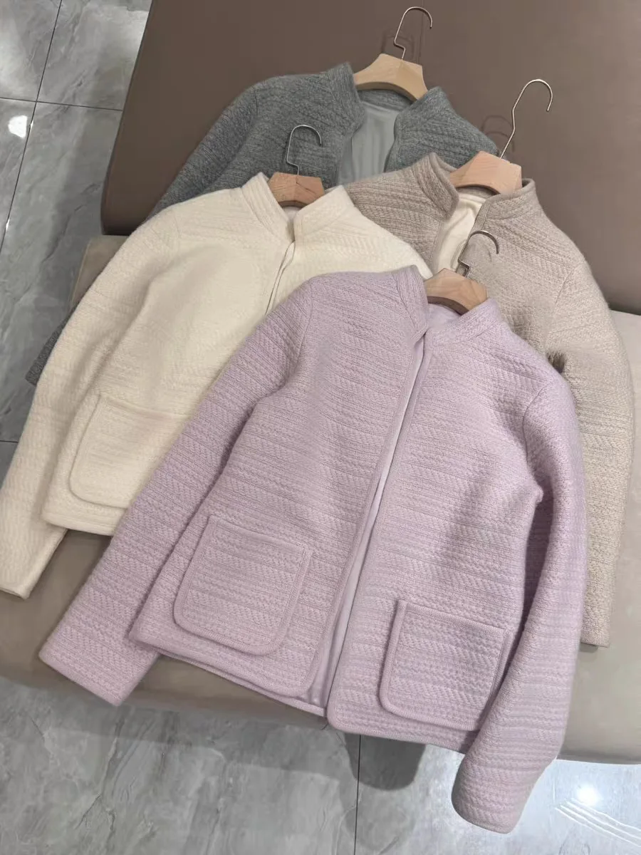 Women Cashmere Knitted Cardigan High Quality Stand Collar Long Sleeve Solid Color Elegant Autumn Winter Sweater