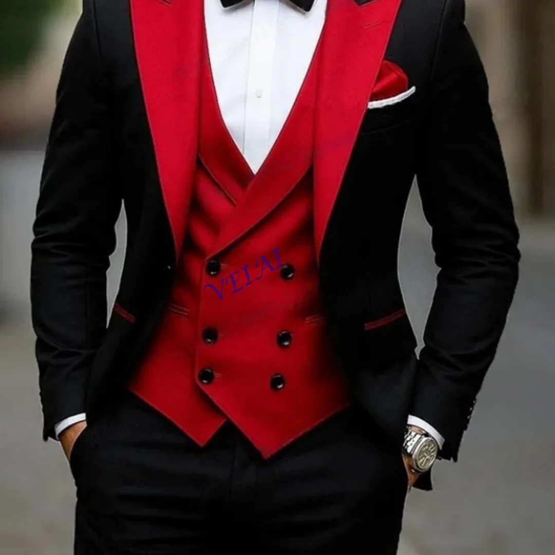 

CustomizedBlack And Red Formal Men Suit Groom Groomsman Wedding Party Prom Business Male Tuxedos 3 Piece Set Blazer Vest Pants