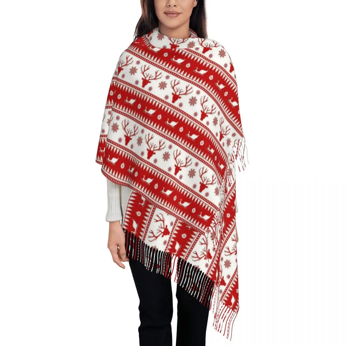 Christmas Deer Scarf for Womens Winter Fall Pashmina Shawls and Wrap Nordic Reindeer Snowflake Single-sided Pattern Scarves