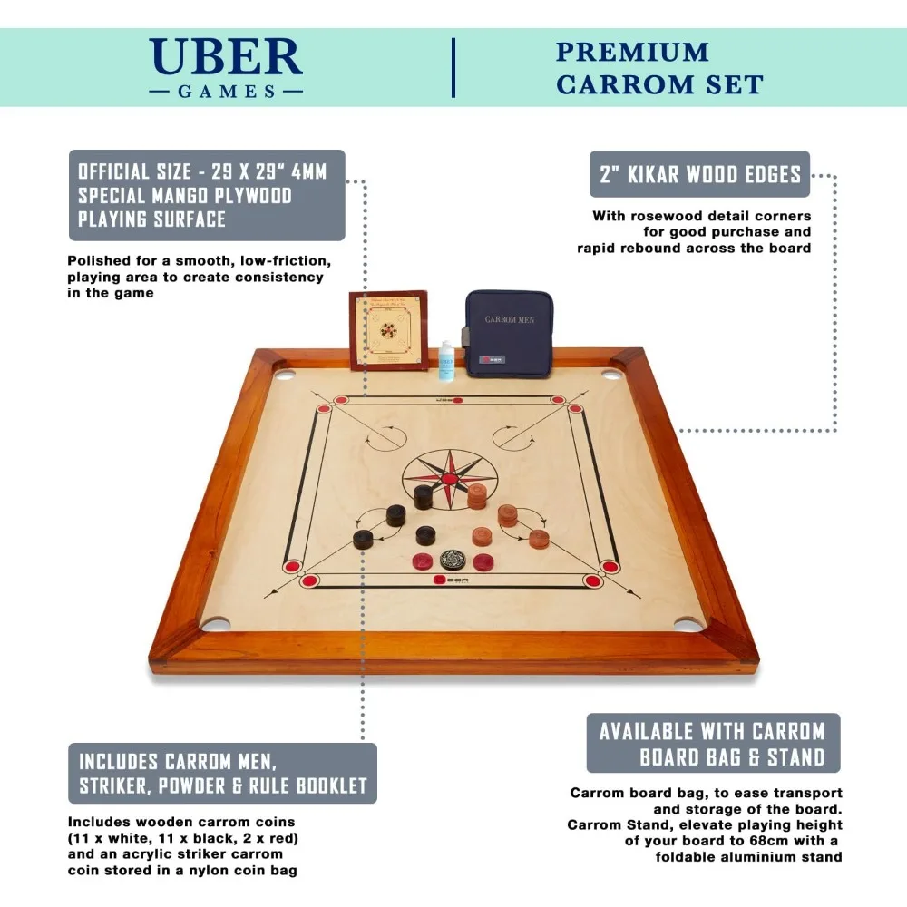 Board Set – 33 x 33” Official Size Playing Board Including Carrom Men, Striker & Powder - Hardwood Edges for Better Rebound