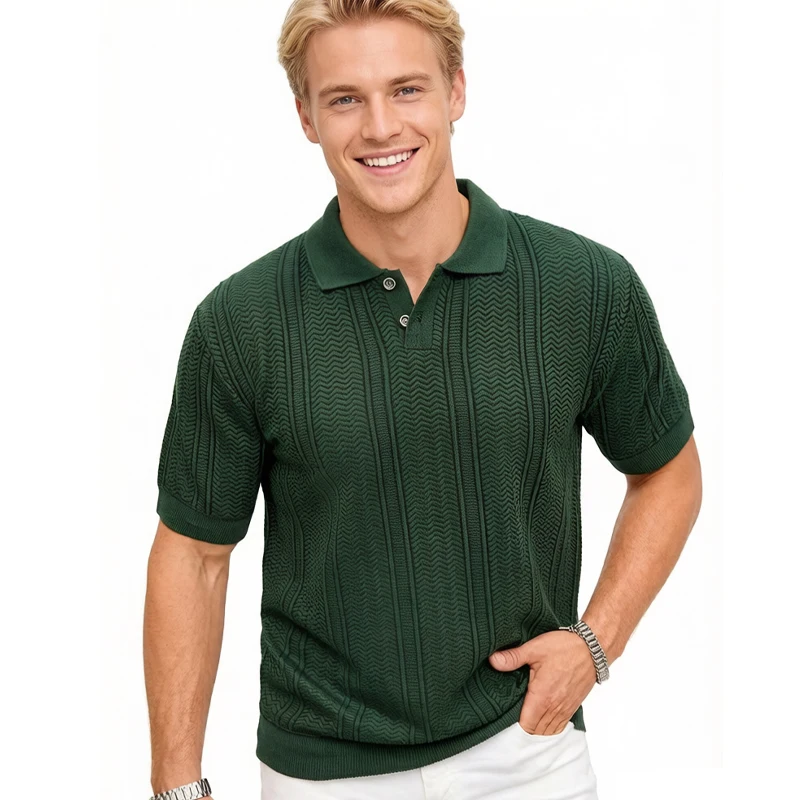 US Size New Men Knit Shirt Short Sleeve Polo Shirts Solid Button Knit Polo Shirt Summer Light Weight Shirts