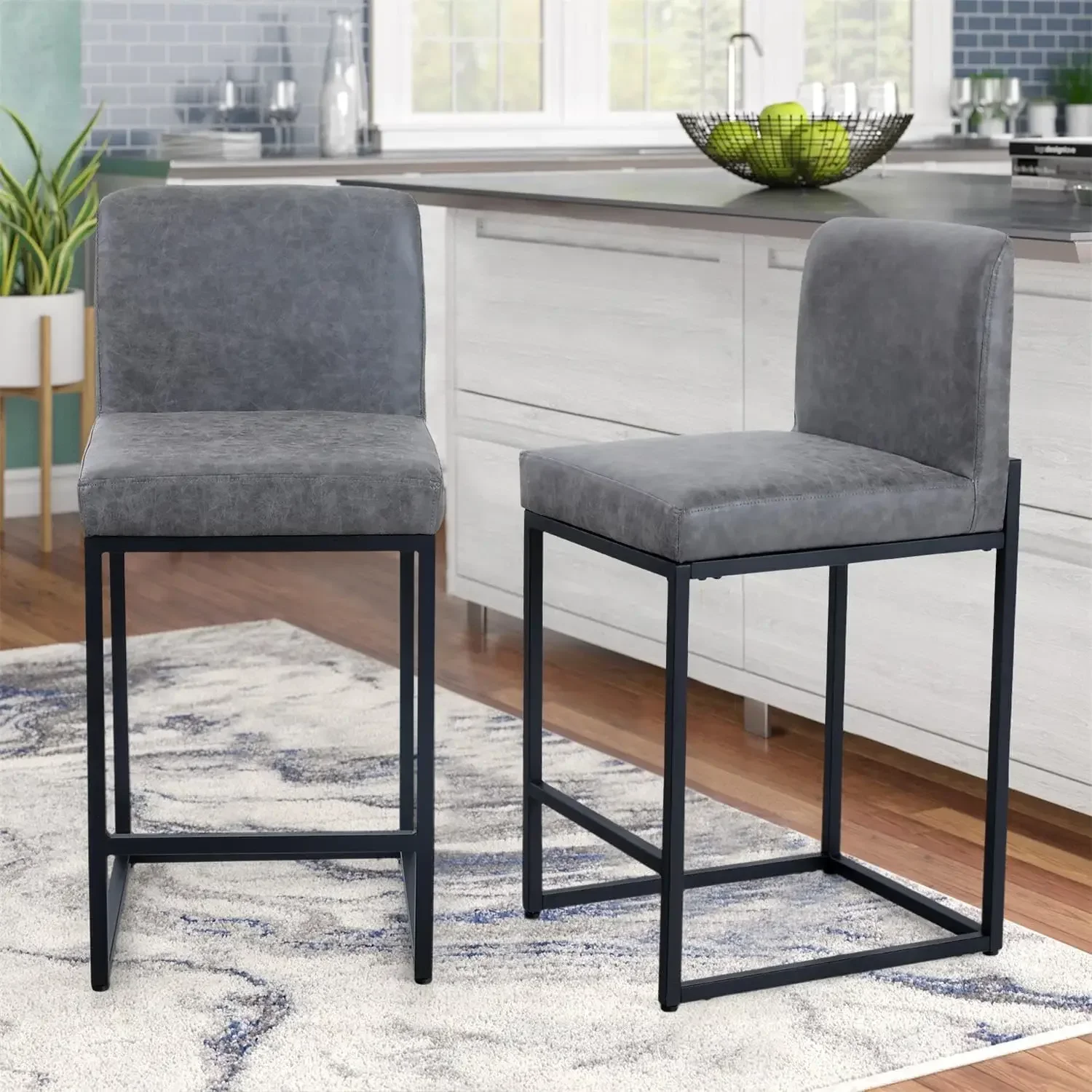 Grey Leather Bar Stools Set of 2, Counter Height 24