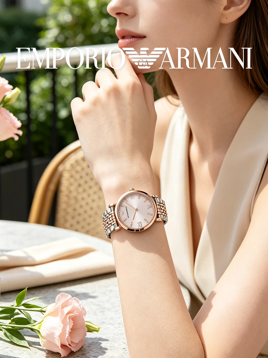 Armani AR11223 Ladies Wristwatch Two Tone Bracelet Pink Dial Crystal Mark Quartz Dating Mother's Day Gift