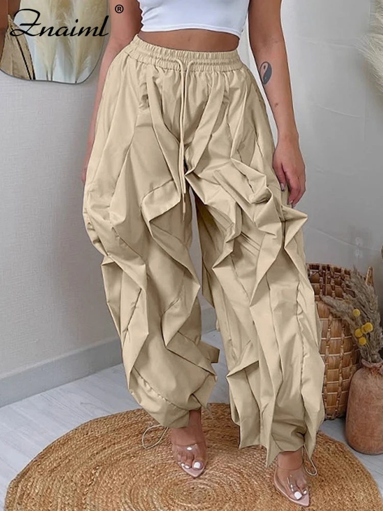 Znaiml High Waist Drawstring Patchwork Cargo Pants for Women Ruffles Casual Streetwear Fashion Loose Lantern Trousers bottoms