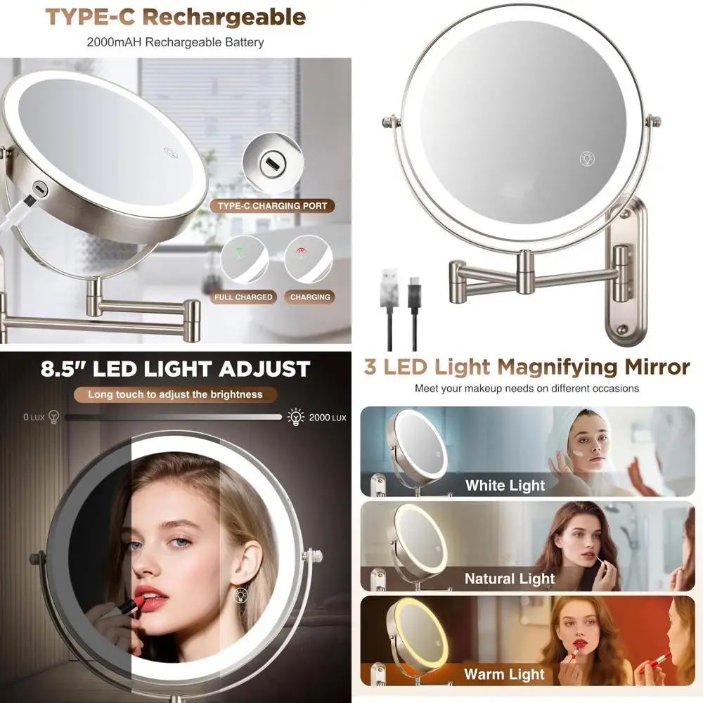 Doppelseitiger, mit LED beleuchteter Schminkspiegel, 360° °   Dreharm, 3 Farbmodi, verstellbare Vergrößerung, Oberfläche aus gebürstetem Nickel