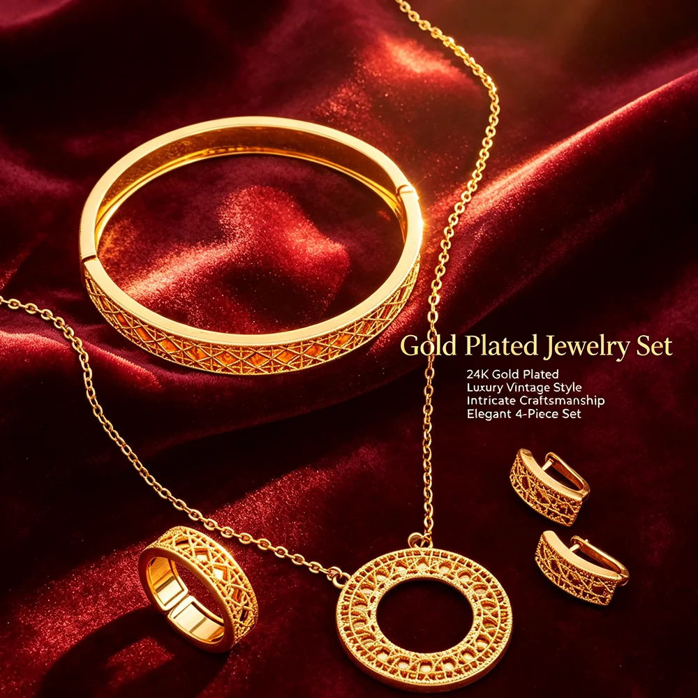 18K vergoldetes, hohles, geometrisches 4-teiliges Schmuckset für Damen, luxuriöse Kreis-Halskette, Armband, Ohrringe, Ring, Hochzeits- und Alltagsschmuck, Geschenk – Detail 8