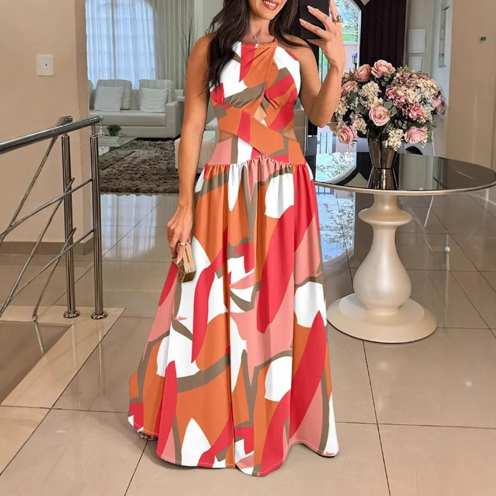 Abito estivo nuovo sexy con scollo all'americana per le donne Nuova moda per le vacanze Stampa floreale Vita sottile Scava fuori abiti maxi senza schienale