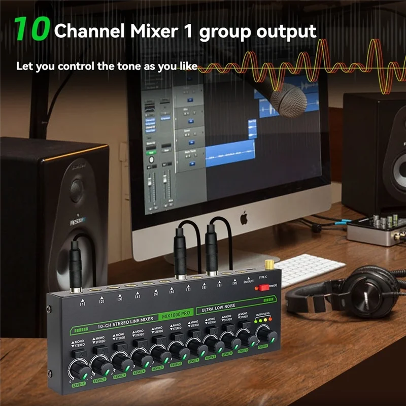 Professional Audio Mixer 10 Channel Stereo Mixer With RGB Light & Ultra Low Noise DC5V Easy Operation EU PLUG-AU47