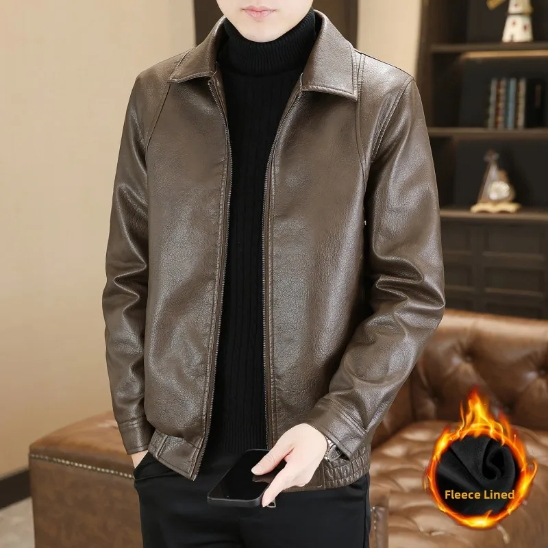 

Casual High Waist Loose Collar PU Leather Jaet Men's ort Sle Faion Ci Autumn Winter Retro Korean Leather Coat