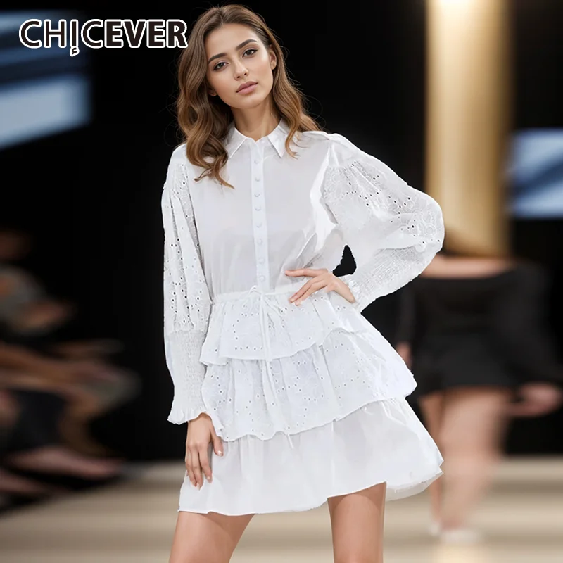 

CHICEVER Casual Soild Dresses For Women Lapel Lantern Sleeve High Waist Patchwork Lace Up Elegant Mini Dress Female Clothes New