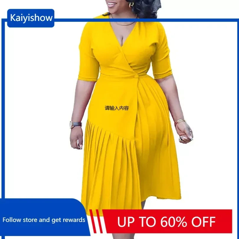 

Spring 2024 New Arrival Africa Women Half Sleeve V-neck Blue Black Red Yellow Pleat Midi Dress Dashiki African Dresses for Women