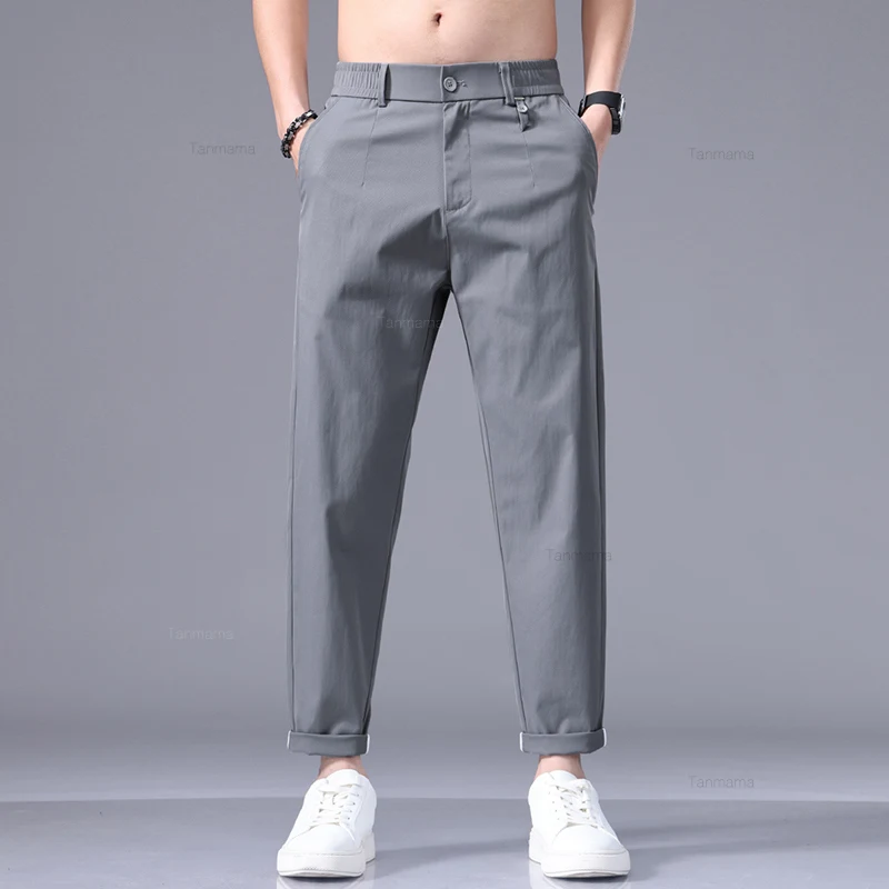 Summer Ultra-thin Men\'s Ice Silk Casual Pants Fashion Solid Color Loose Business Straight Ankle Length Trousers Black Gray Khaki