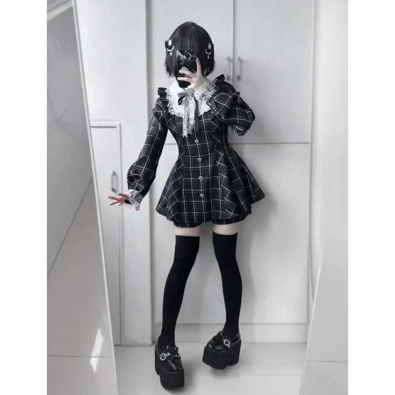 

Japanese Preppy Style Sweet Bow Lace Ruffle Edge Patchwork Slim Waist Dresses Spring Long Sleeves Pleated Dress Y2k Dress