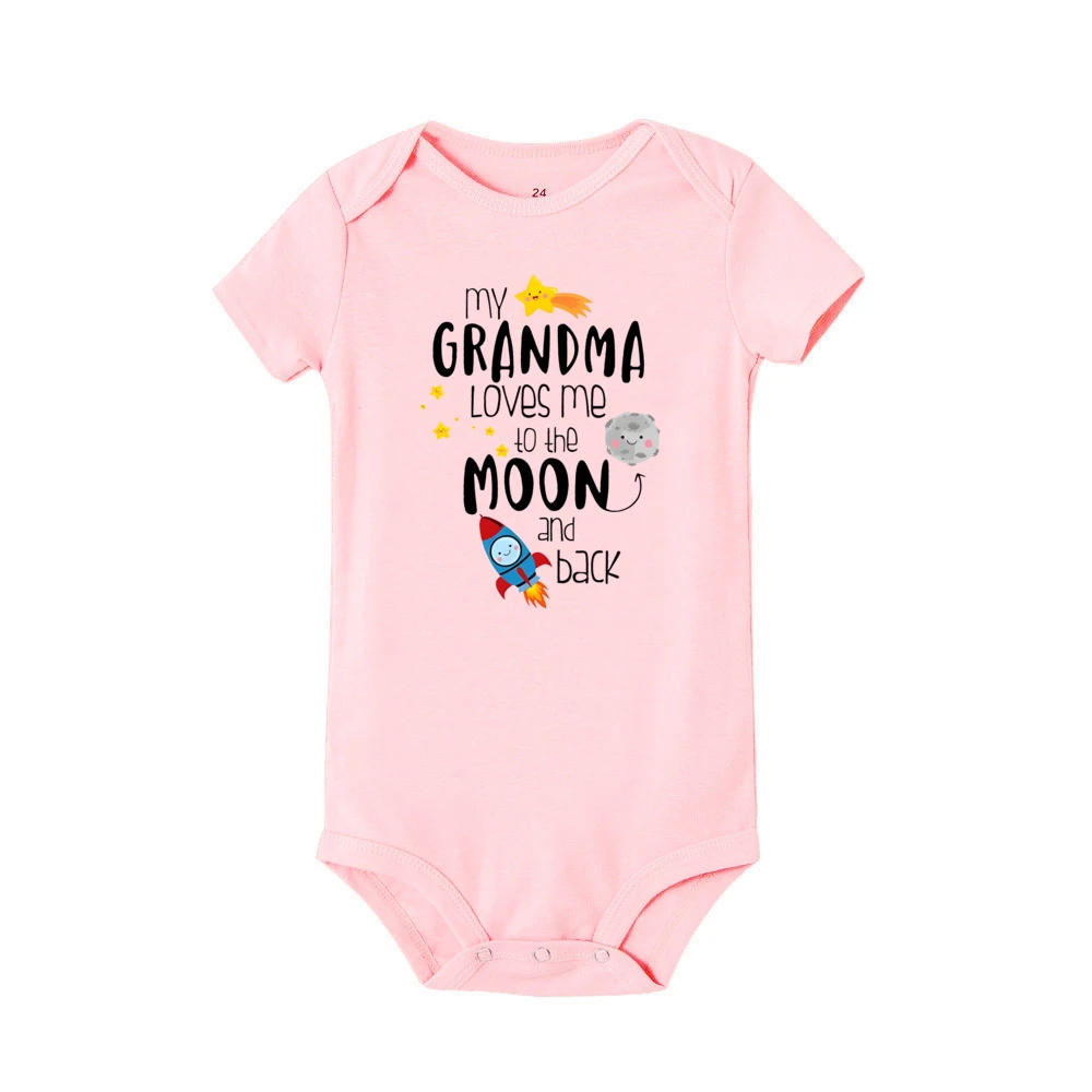 My Grandma Loves Me To The Moon and Back Printed Baby Bodysuit Funny Newborn Jumpsuit Infant Short Sleeve Romper Toddler Clothes