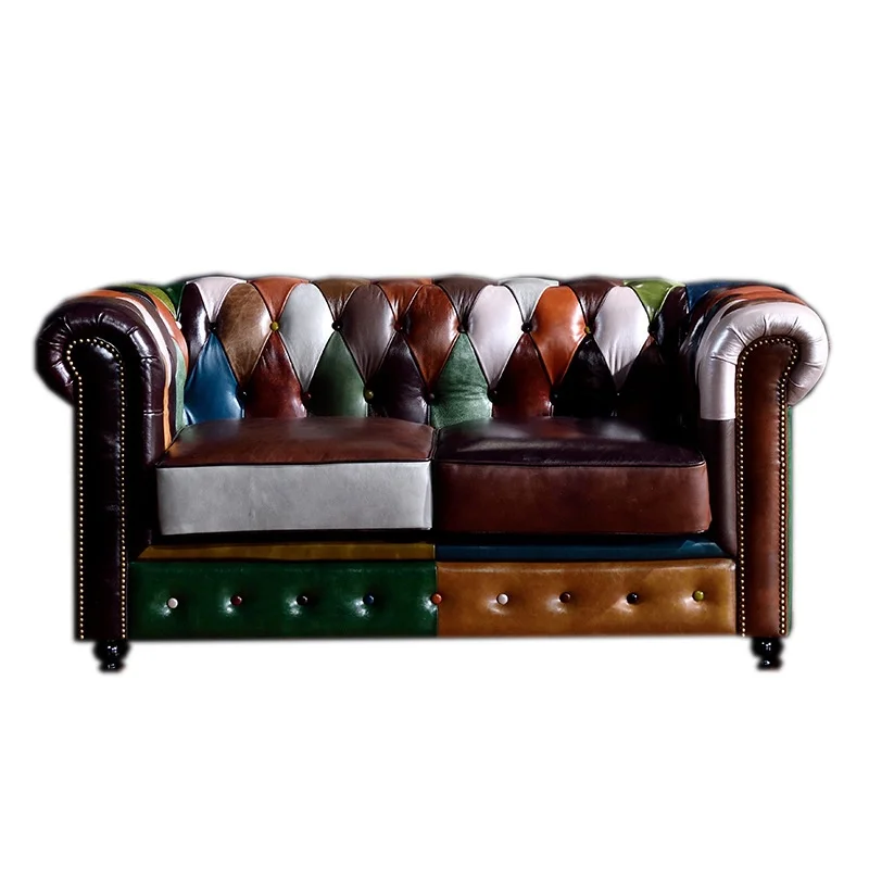 

American retro tufted leather sofa creative color matching hair set