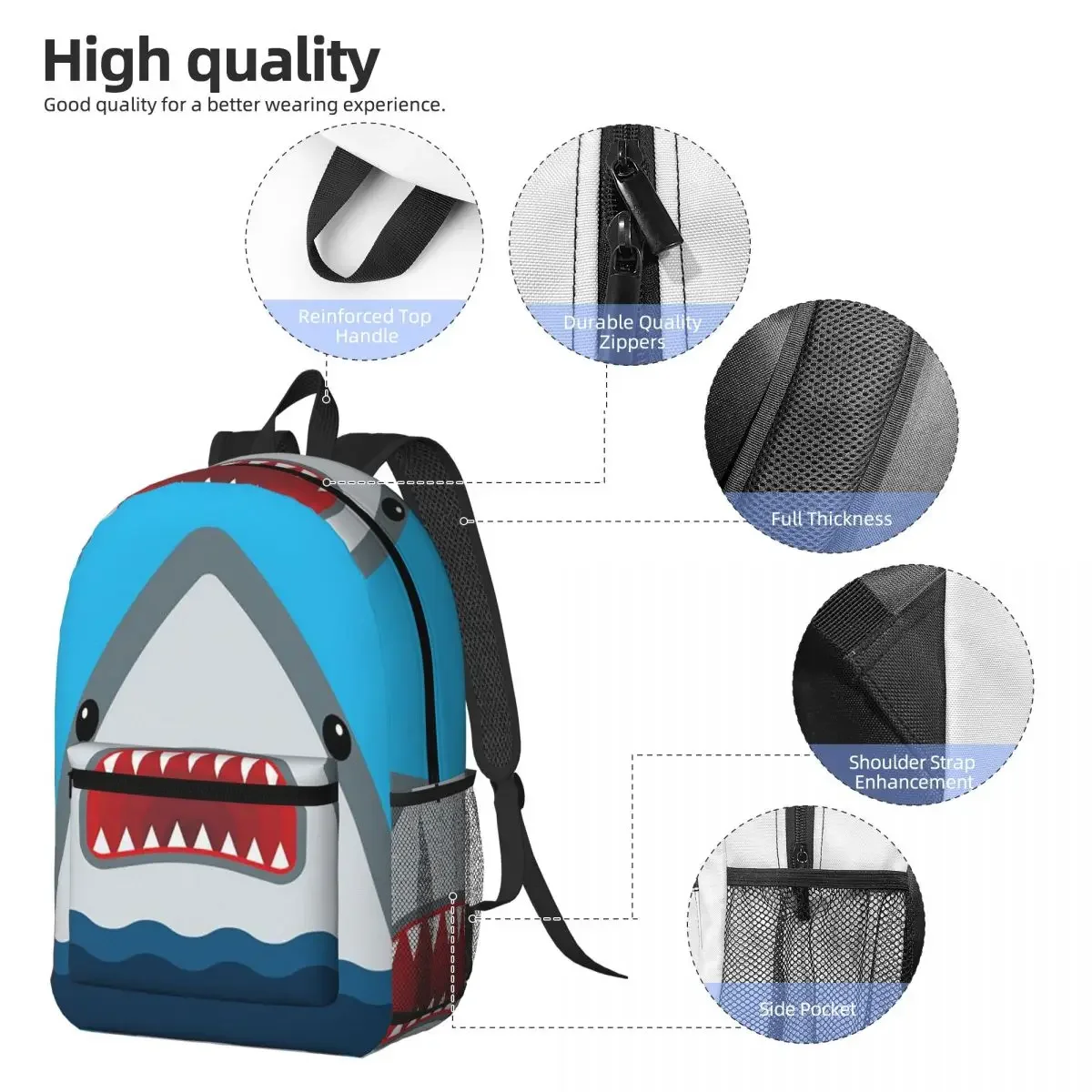 Open Mouth Tiger Shark Cartoon Backpack Daypack Large Capacity Boys Girls BookBag School Bag Shoulder Bags for Men Women