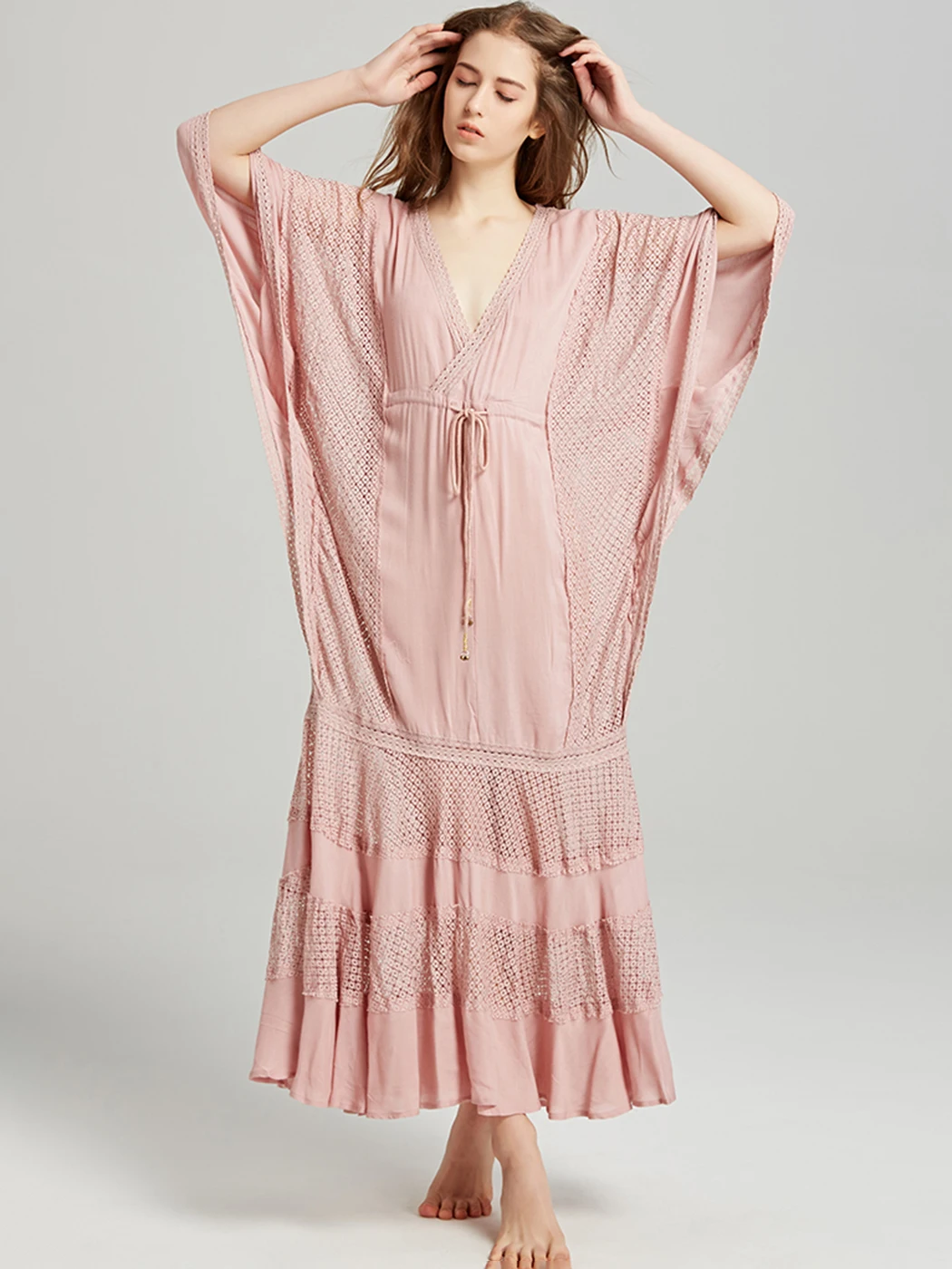 Jastie Boho Maxi vestido de verano para mujer, manga de murciélago hueca, cuello en V, vestidos sueltos con cordón, Color sólido, bata turca informal de playa