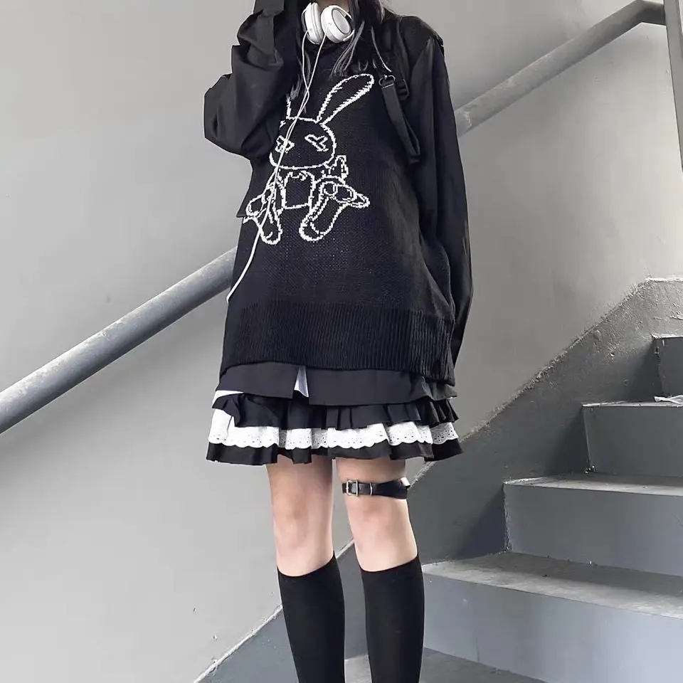 HOUZHOU Khu Goth Gothic Ren Xù Mini Váy Nữ Bông Tai Kẹp Cổ Tích Grunge Đen Váy Xếp Ly Nhật Bản Lolita DẠO PHỐ