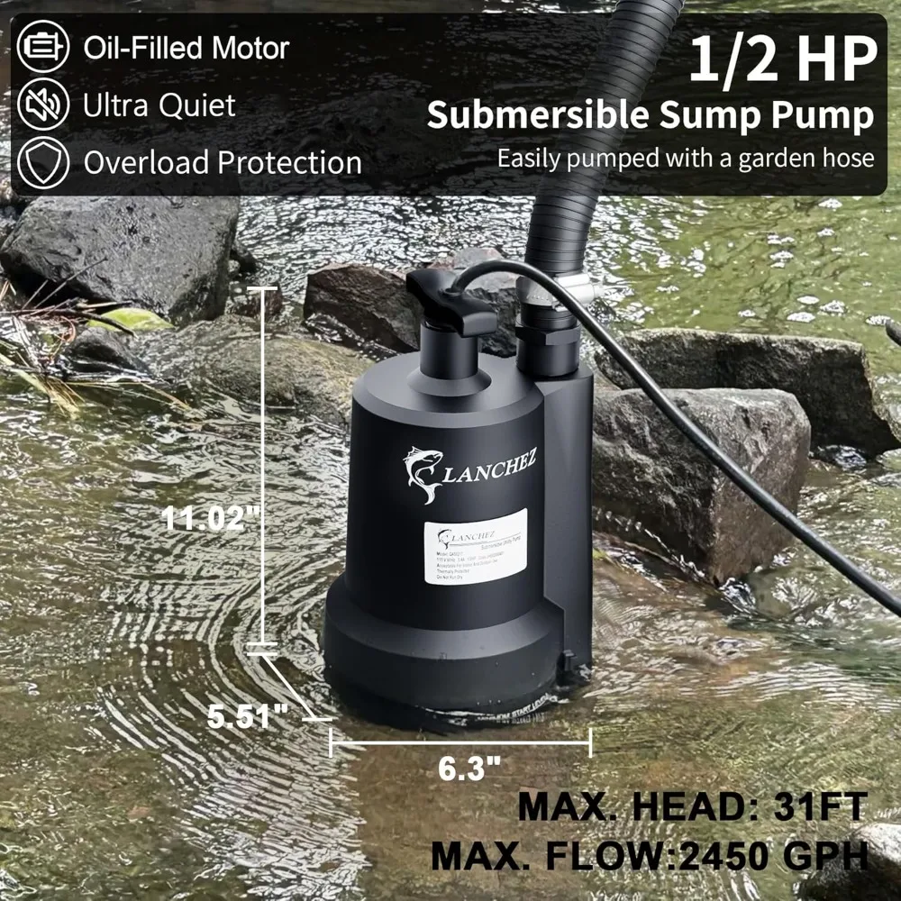 

Погружной насос для сточных вод 12 л.с., 2450 галлонов/час, портативный электрический водяной насос для слива воды из джакузи, бассейнов, подвалов, сада