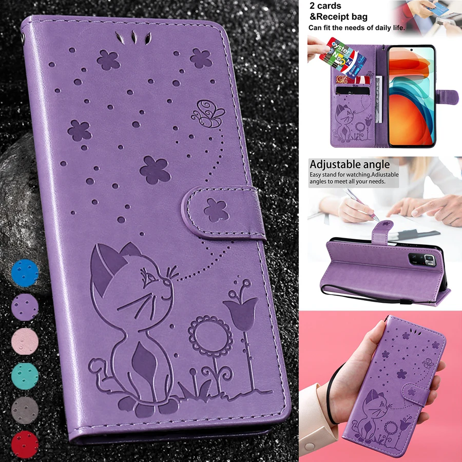 Wallet Cat Bee Anti-fall Leather Case For Xiaomi Redmi 10 9 9A 9C 9T 8 8A Note 11 11S 10 10S 10Pro 9 Pro Mi Poco X4 NFC M4 Pro