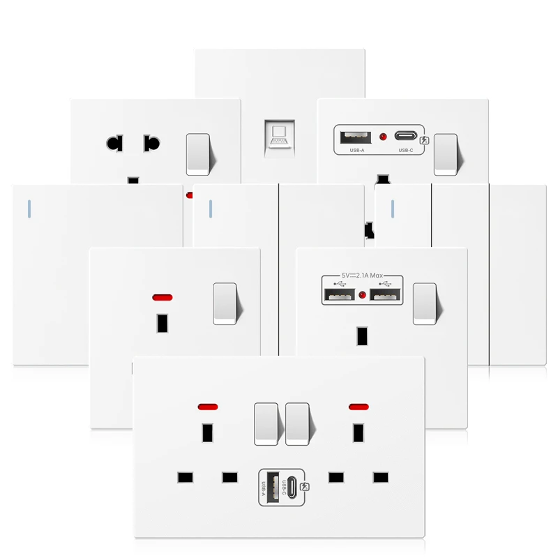 White Electrical light switch Panel Universal Dual USB 3-pin Outlet,UK Wall 20W Smart Type-C Fast Charging usb Socket AC110-250V