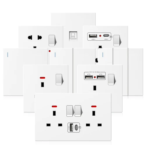 Panel de interruptor de luz eléctrica blanco, salida USB Dual Universal de 3 pines, enchufe USB de carga rápida tipo C inteligente de pared del Reino Unido de 20W AC110-250V