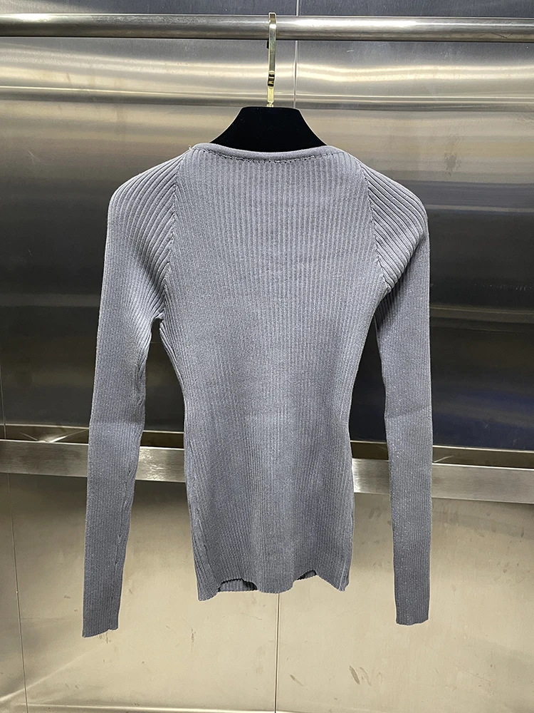 VGH Sexy Crisscross Hollow Out Knitting Sweaters For Women Round Neck Long Sleeve Minimalist Slimming Pullover Sweater Female